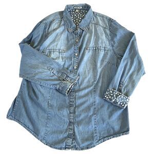 Per Se Shirt Denim Shirt Roll Flip Sleeve Floral Stud Blue 1X Button Hippie Boho